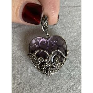 925 Sterling Silver Marcasite & Amethyst Colored Glass Heart Pendant Vintage